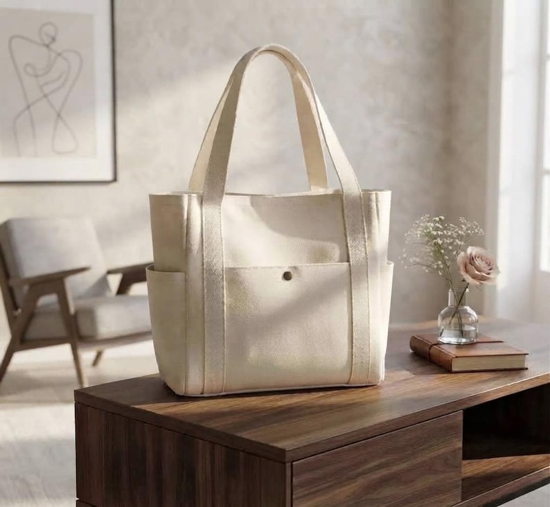 Personalized Embroidered Canvas Tote Bag, Multi-Pocket Utility Shoulder Bag (Bridesmaid Gift)