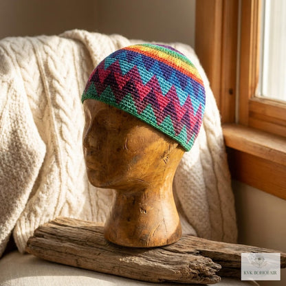 Rainbow Kufi Skull Cap - Crocheted Beanie Hat, Ethically sourced