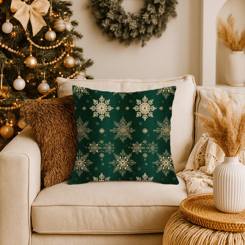 Christmas Gold Snowflakes Pillow Cover- Green Celestial Luxe Holiday Decor, Cabin Chic Throw Cushion Case, Winter Aesthetic Pillowcase Gift