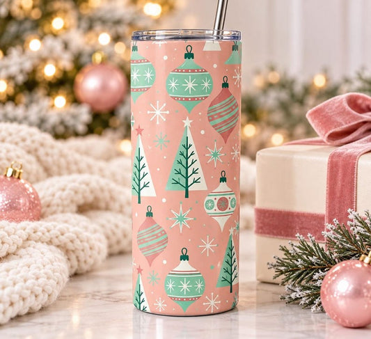 Retro Christmas Tumbler, Pink Mint Ornament Cup, 20oz Skinny Tumbler (Sublimation Design)