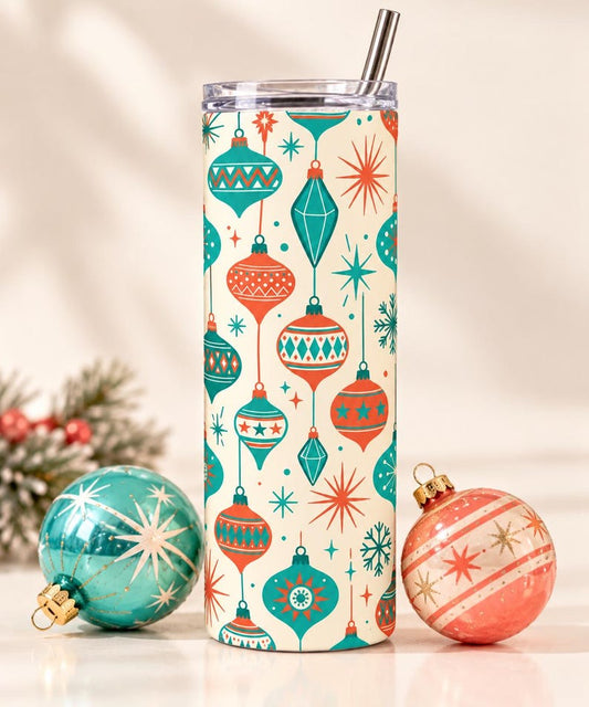 Retro Christmas Ornament Tumbler, 20oz Stainless Steel Skinny Cup (Sublimation Design)