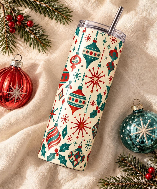Retro Christmas Tumbler, 20 oz Stainless Steel Skinny Cup, Red Teal Holiday Ornament Design