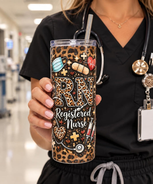 Leopard Print RN Tumbler, 20oz Stainless Steel Skinny Cup, Nurse Gift