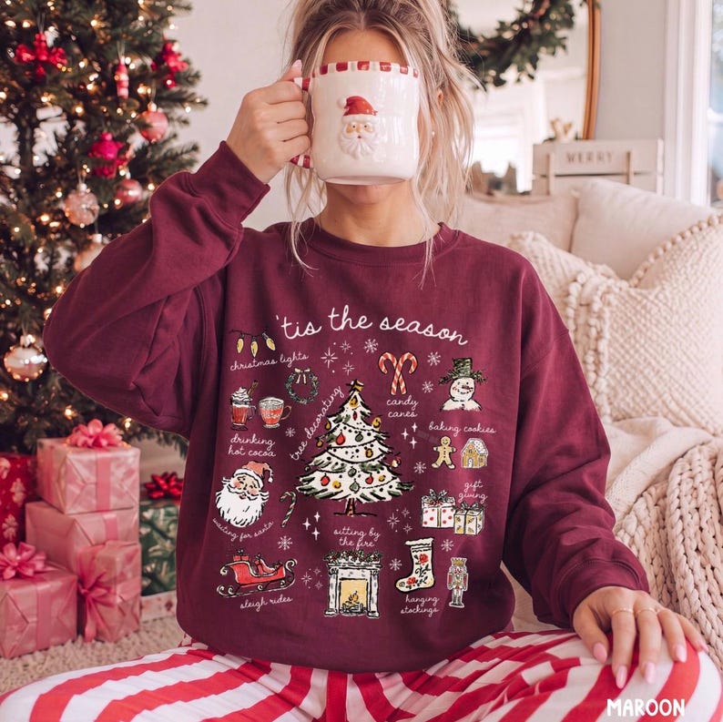 Tis the Season Christmas Sweatshirt, Retro Holiday Shirt, Christmas Tree Shirt, Santa Sweatshirt, Womens Christmas Gift, Festive Sweater