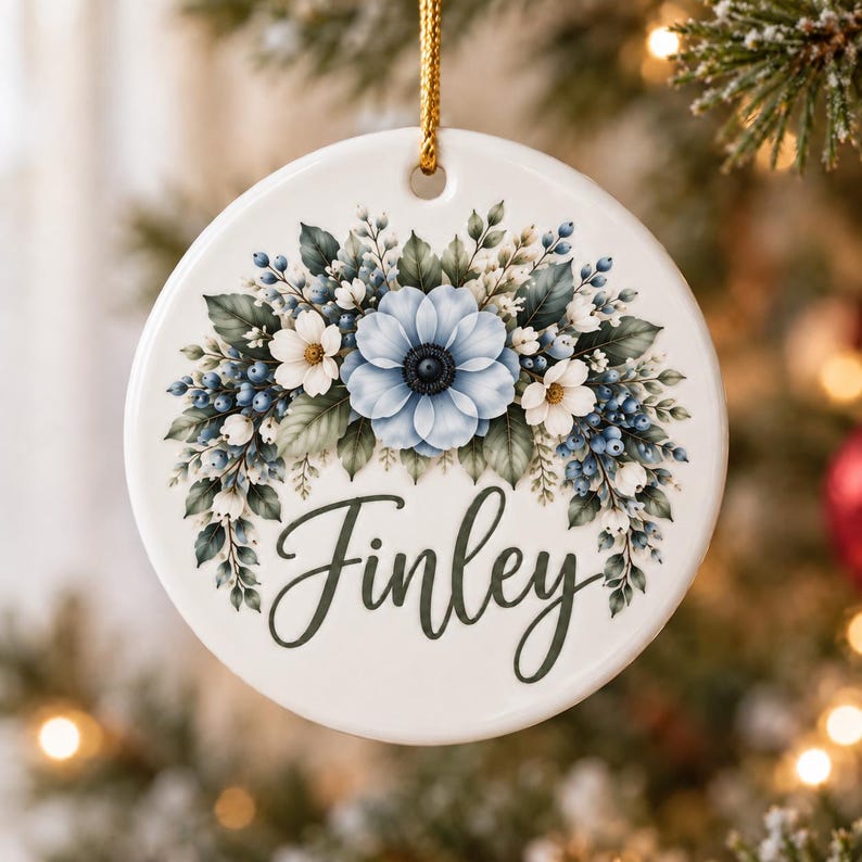 Personalized Floral Christmas Ornament, Custom Name Flower Ornament, Acrylic Glass Ceramic Keepsake, Christmas Gift