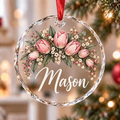 Personalized Floral Christmas Ornament, Custom Name Flower Ornament, Acrylic Glass Ceramic Keepsake, Christmas Gift