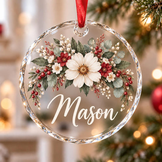 Personalized Floral Christmas Ornament, Custom Name Flower Ornament, Acrylic Glass Ceramic Keepsake, Christmas Gift