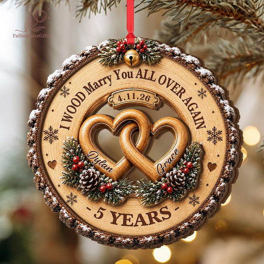 Wood Anniversary Wedding 2Layer Ornament, Custom 5th Anniversary Wooden Ornament, 5 Years Married Keepsake, 5th Anniversary Gift for Couples