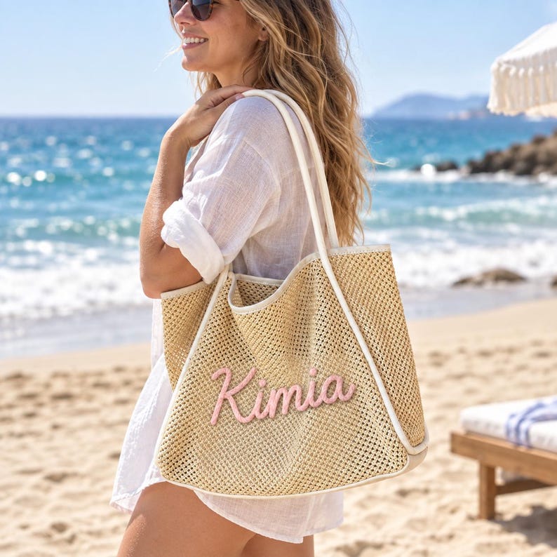 Personalized Beach Tote Bag, Custom Name Straw Bag, Bachelorette Trip Gift, Personalized Summer Tote, Beach Vacation Bag, Bridal Party Gift