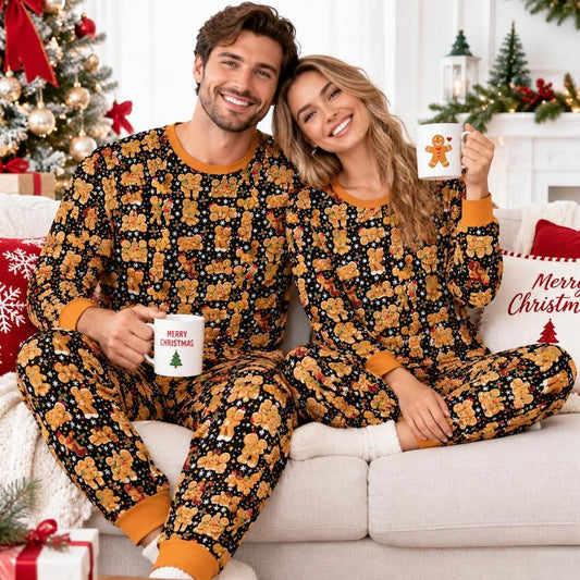 Couples Matching Pjs Gingerbread Man Christmas Pajama Set, Black Holiday Sleepwear, Family Christmas Pj Sibling Xmas Gift Loungewear