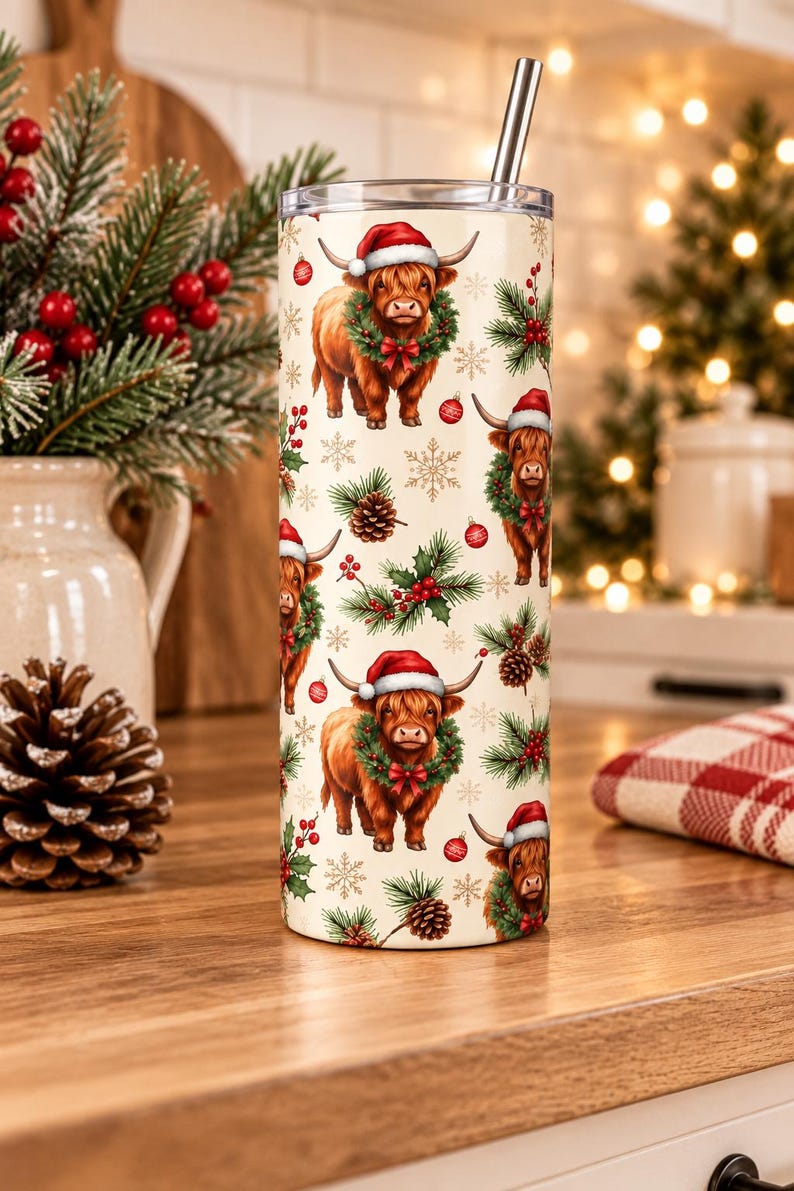Highland Cow Christmas Tumbler, 20 oz Skinny Tumbler, Christmas Cow Cup, Highland Cow