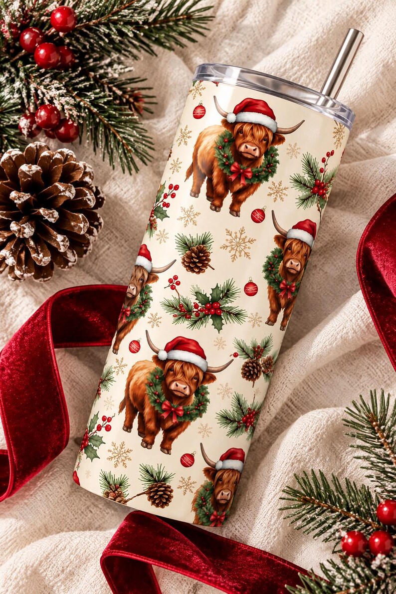 Highland Cow Christmas Tumbler, 20 oz Skinny Tumbler, Christmas Cow Cup, Highland Cow