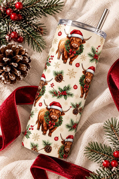 Highland Cow Christmas Tumbler, 20 oz Skinny Tumbler, Christmas Cow Cup, Highland Cow