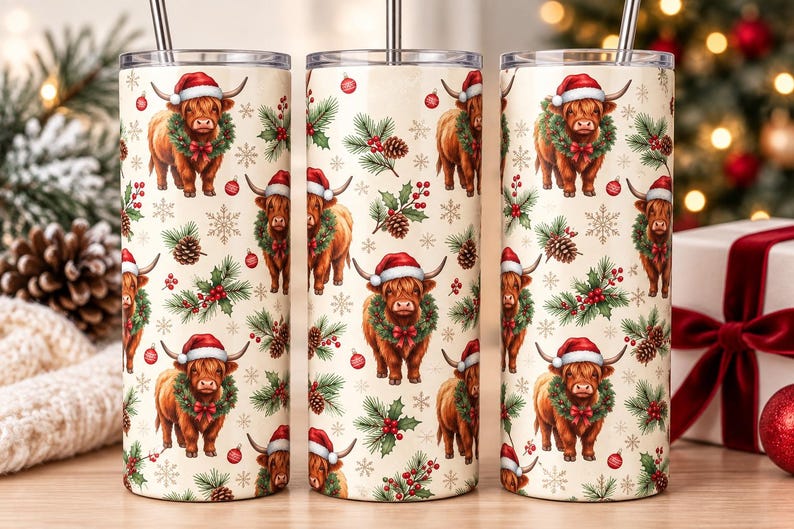 Highland Cow Christmas Tumbler, 20 oz Skinny Tumbler, Christmas Cow Cup, Highland Cow