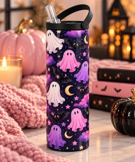 Halloween Ghost Tumbler Pink Purple Stars Bats Travel Mug (20oz)