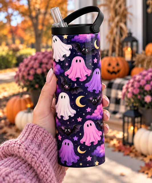 Halloween Ghost Tumbler Pink Purple Stars Bats Travel Mug (20oz)