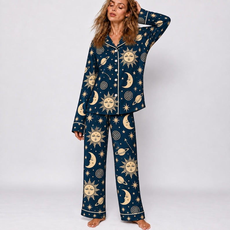 Celestial Moon And Stars Pajama Set, Astrology Sleepwear For Women, Black Galaxy Long Sleeve Loungewear, Cozy Nightwear Gift For Her