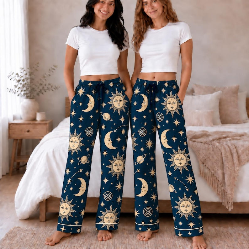 Celestial Moon And Stars Pajama Set, Astrology Sleepwear For Women, Black Galaxy Long Sleeve Loungewear, Cozy Nightwear Gift For Her