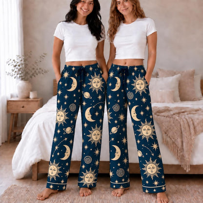 Celestial Moon And Stars Pajama Set, Astrology Sleepwear For Women, Black Galaxy Long Sleeve Loungewear, Cozy Nightwear Gift For Her