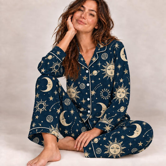 Celestial Moon And Stars Pajama Set, Astrology Sleepwear For Women, Black Galaxy Long Sleeve Loungewear, Cozy Nightwear Gift For Her