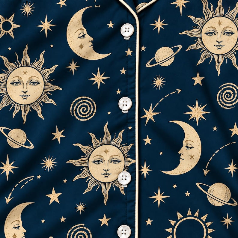 Celestial Moon And Stars Pajama Set, Astrology Sleepwear For Women, Black Galaxy Long Sleeve Loungewear, Cozy Nightwear Gift For Her