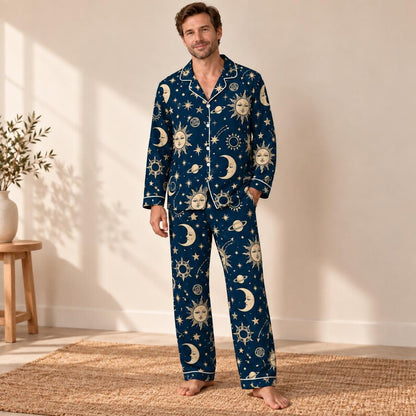 Celestial Moon And Stars Pajama Set, Astrology Sleepwear For Women, Black Galaxy Long Sleeve Loungewear, Cozy Nightwear Gift For Her