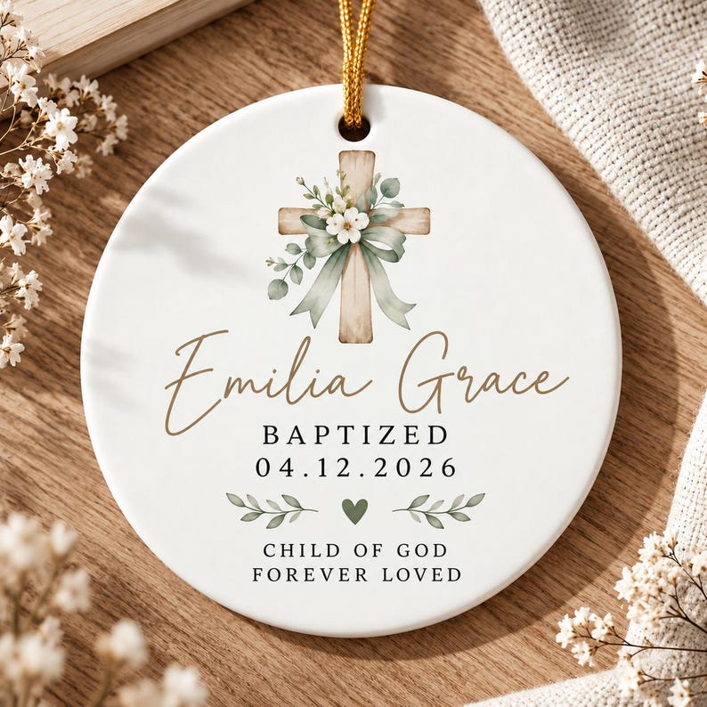 Personalized Baptism Ornament, Custom Name & Date Cross Ornament, Christening Keepsake, Baptized Gift for Girl, Goddaughter Gift