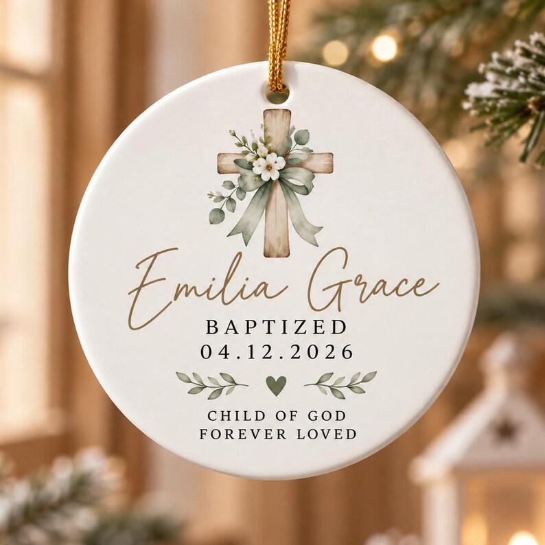 Personalized Baptism Ornament, Custom Name & Date Cross Ornament, Christening Keepsake, Baptized Gift for Girl, Goddaughter Gift