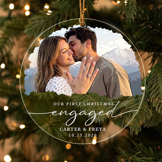 Personalized First Christmas Engaged Ornament, Engagement Photo Keepsake 2026, Bride and Groom Gift