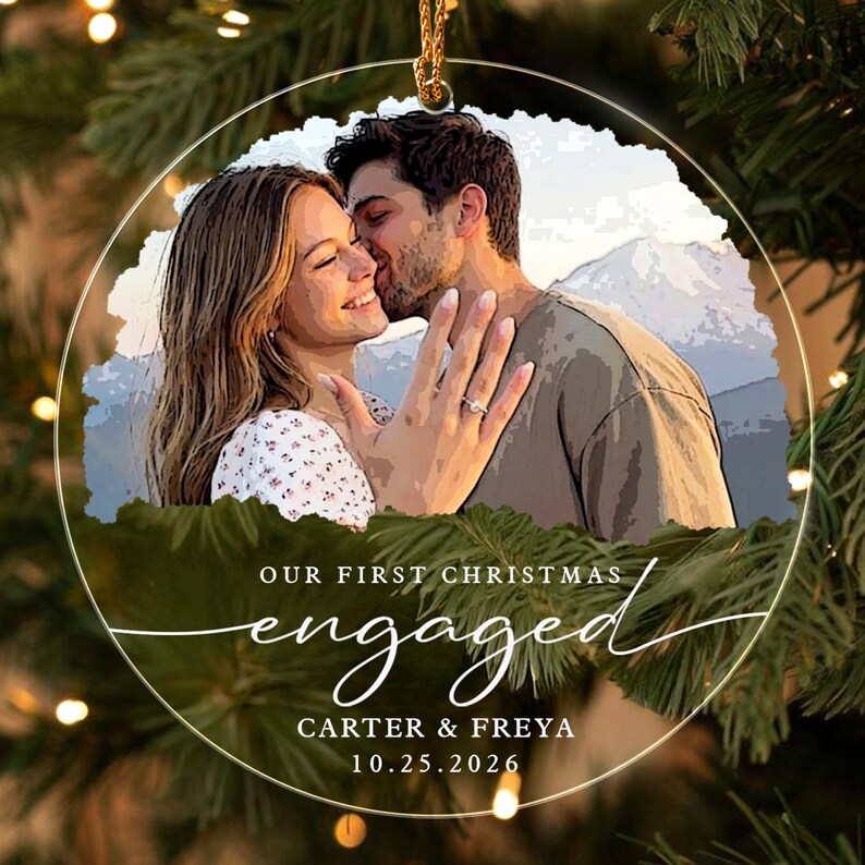 Personalized First Christmas Engaged Ornament, Engagement Photo Keepsake 2026, Bride and Groom Gift
