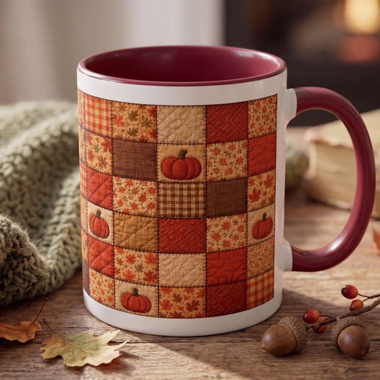 Fall Faux Patchwork Quilt Mug, Pumpkin Autumn Coffee Mug, Cozy Farmhouse Mug, Rustic Fall Decor Gift, Quilted Print Coffee Mug
