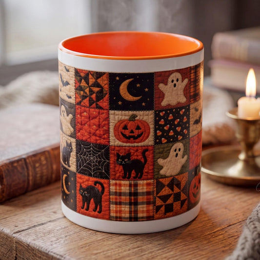 Halloween Faux Patchwork Mug, Jack O Lantern Quilt Print Mug, Spooky Cottagecore Coffee Mug, Ghost Cat Bat Mug, Halloween Gift Mug