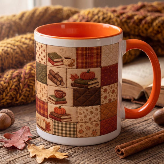 Fall Faux Patchwork Book Mug, Cozy Reading Coffee Mug, Bookworm Autumn Gift, Rustic Farmhouse Mug, Pumpkin Books Quilt Print Mug