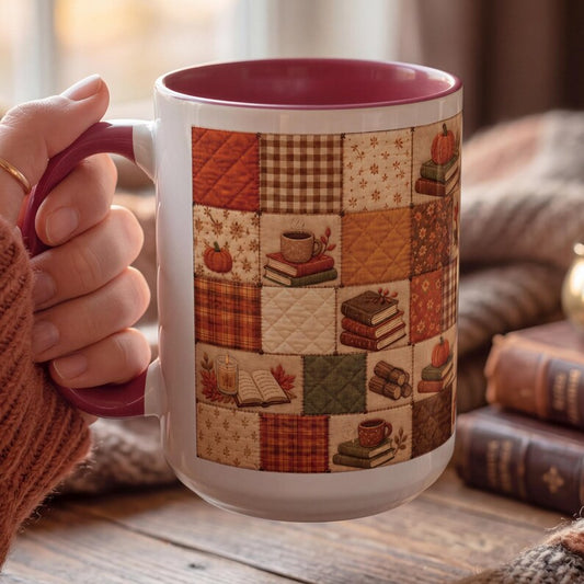Fall Faux Patchwork Book Mug, Cozy Reading Coffee Mug, Bookworm Autumn Gift, Rustic Farmhouse Mug, Pumpkin Books Quilt Print Mug