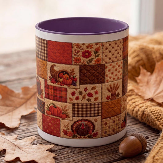 Thanksgiving Faux Patchwork Mug, Turkey Pumpkin Quilt Print Mug, Cozy Fall Harvest Coffee Mug, Rustic Farmhouse Thanksgiving Gift