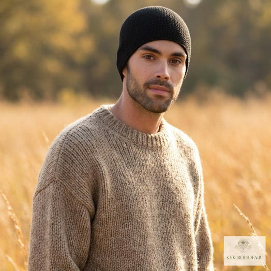 Black Kufi Skull Cap - Crocheted Beanie Hat, Ethically sourced