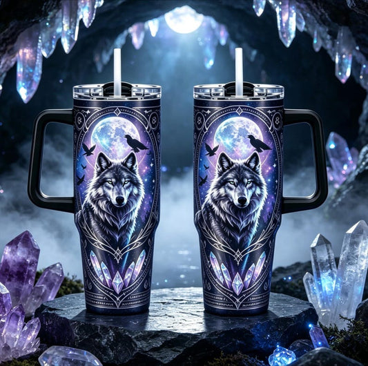 Mystic Wolf Moon 40oz Tumbler With Handle, Gothic Raven Crystal Starry Sky Print Stainless Steel Travel Mug,1PC Christmas Gift Wolf Beaver