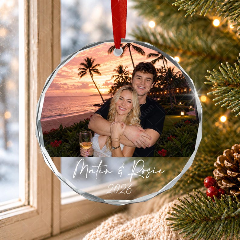 Personalized Couple Photo Ornament, Custom Name and Year Glass Keepsake