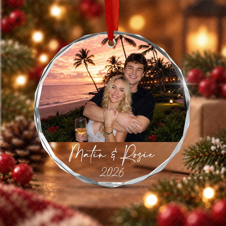 Personalized Couple Photo Ornament, Custom Name and Year Glass Keepsake