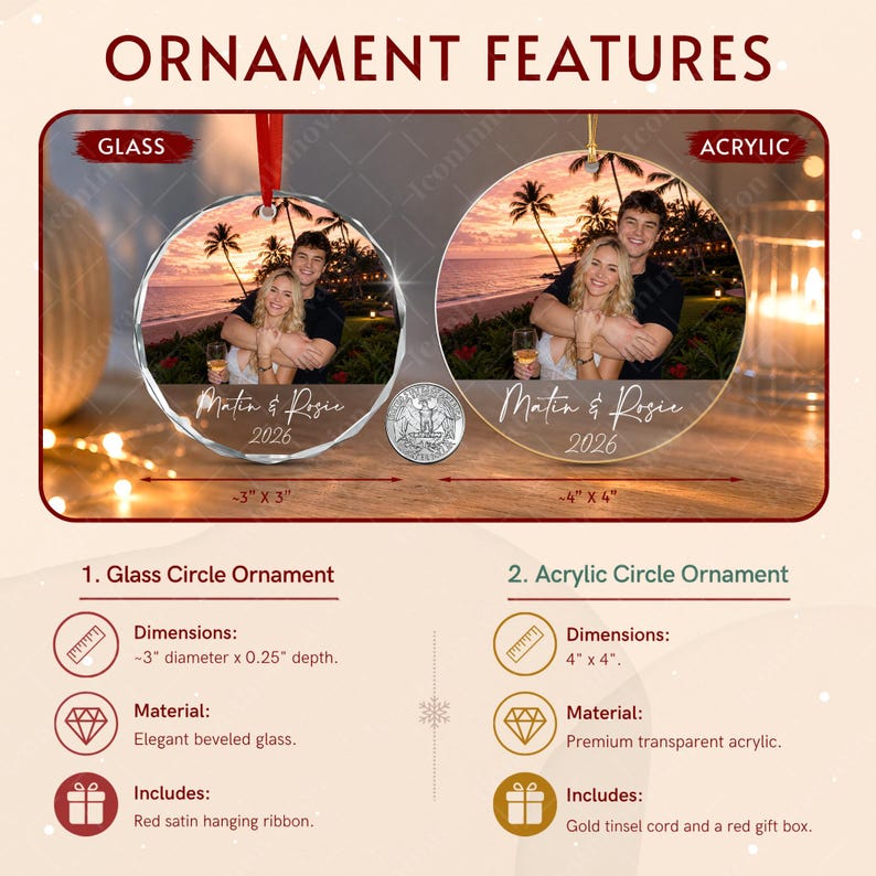 Personalized Couple Photo Ornament, Custom Name and Year Glass Keepsake
