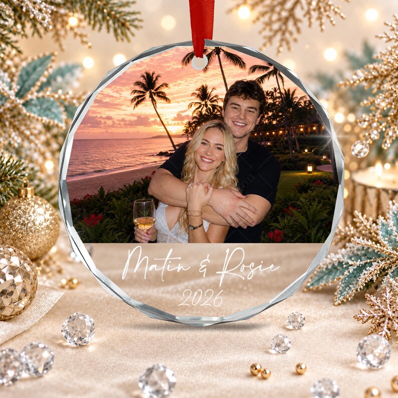 Personalized Couple Photo Ornament, Custom Name and Year Glass Keepsake