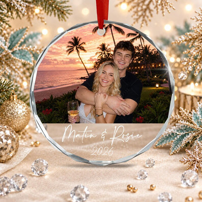 Personalized Couple Photo Ornament, Custom Name and Year Glass Keepsake