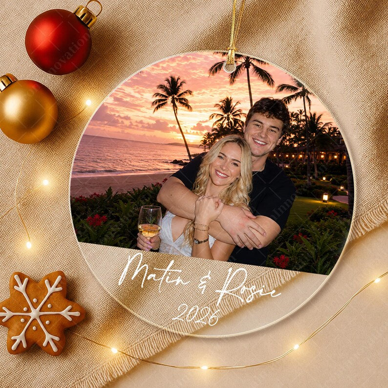 Personalized Couple Photo Ornament, Custom Name and Year Glass Keepsake