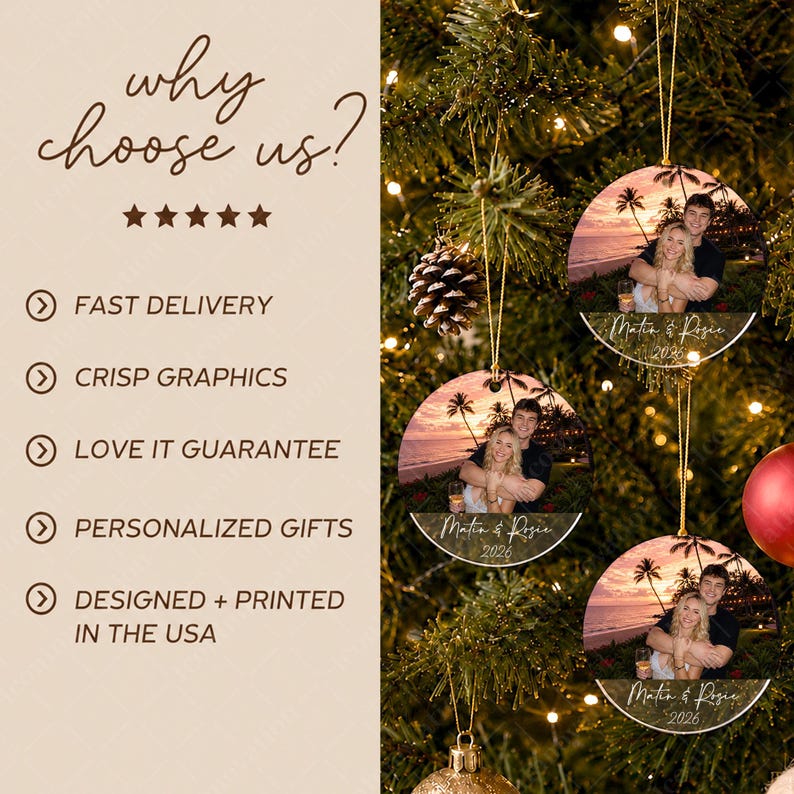 Personalized Couple Photo Ornament, Custom Name and Year Glass Keepsake
