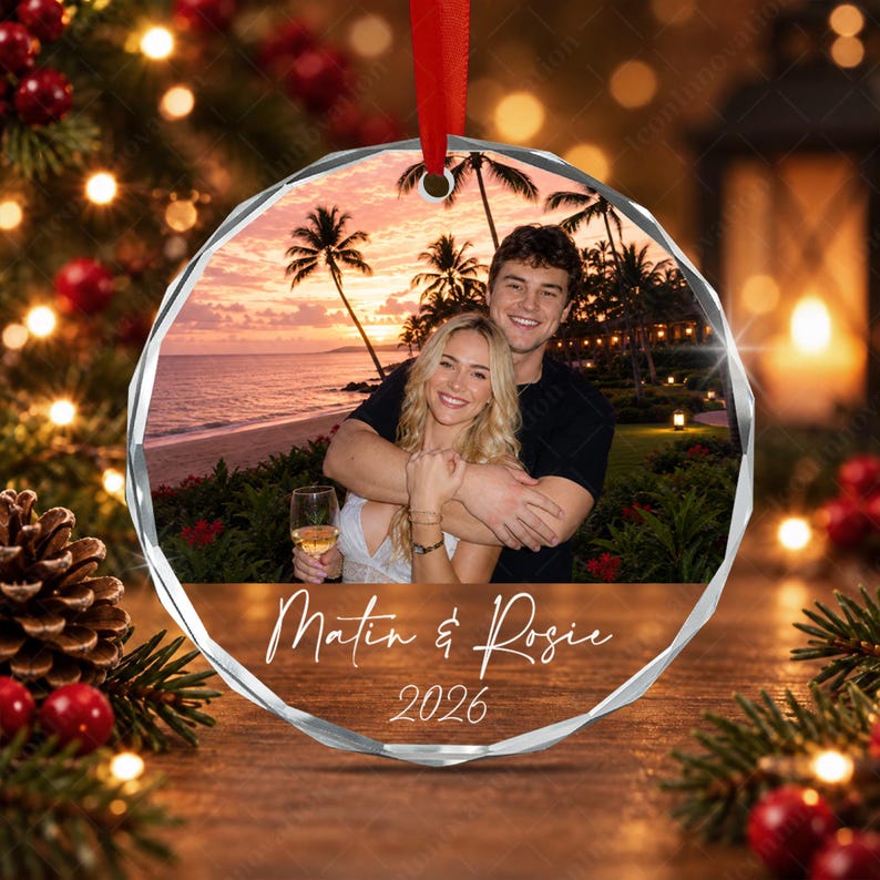 Personalized Couple Photo Ornament, Custom Name and Year Glass Keepsake