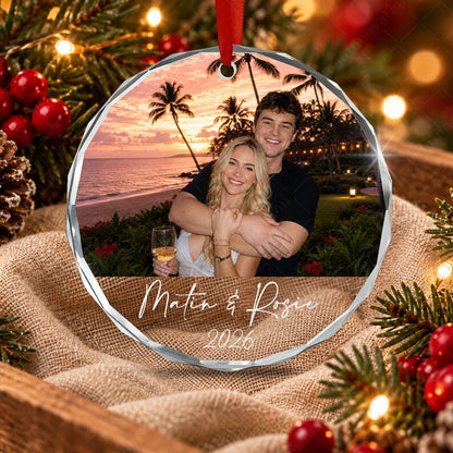 Personalized Couple Photo Ornament, Custom Name and Year Glass Keepsake