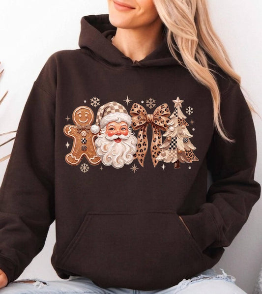 Leopard Christmas Retro Santa Gingerbread Hoodie, Coquette Bow Xmas Tree Top Preppy Santa Claus Gift
