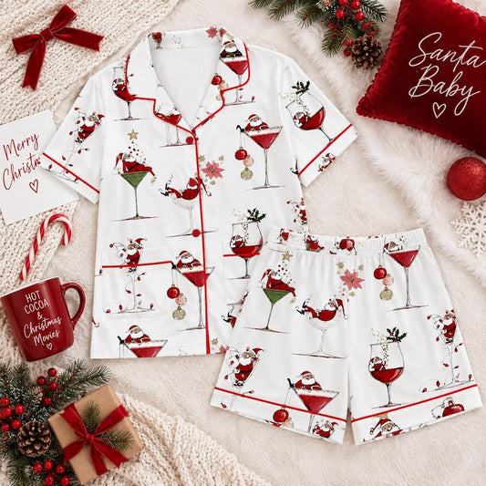Women’s Christmas Pajama Set, Santa Cocktail Print Short & Long Sleeve PJs, Holiday Sleepwear