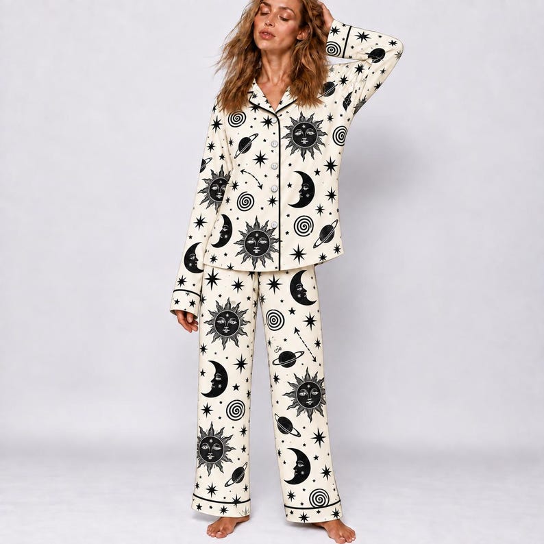 Celestial Moon And Stars Pajama Set, Astrology Sleepwear For Women, Black Galaxy Long Sleeve Loungewear, Cozy Nightwear Gift For Her