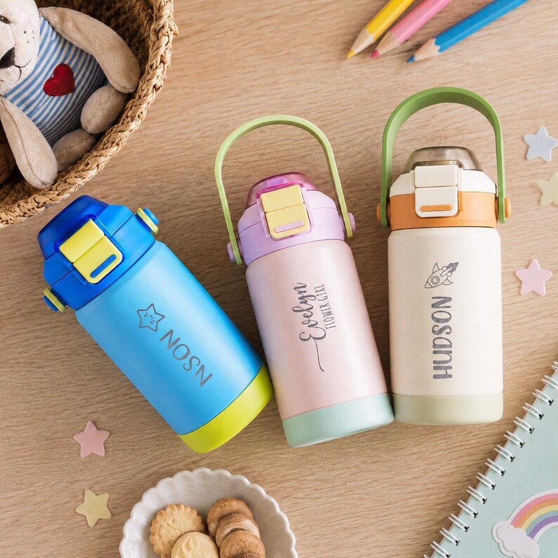 Personalized Kid Tumbler, Back to School Water Bottle, Gift for Kids, Stainless Steel, Dual Use Spout Straw [KT02]